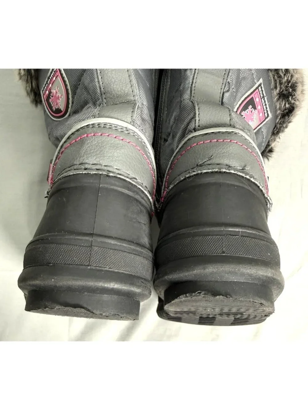 Nova Mountain Kids Snow Boots Size 2 Girls Gray Pink Faux Fur Lined Zip NFWB830
